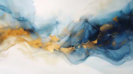 Abstract blue and gold marble texture background. Alcohol ink technique. Fluid art.の写真素材