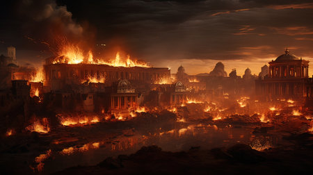 Burning building at night in Delhi, India. Global warming concept.の写真素材