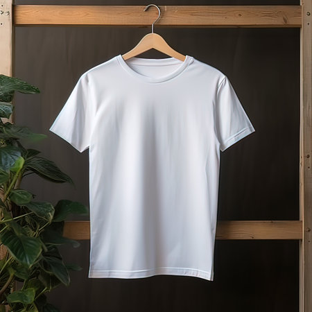 Blank white t-shirt on wooden hanger, front viewの写真素材