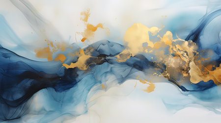 abstract blue background with golden paint splashes in watercolor styleの写真素材