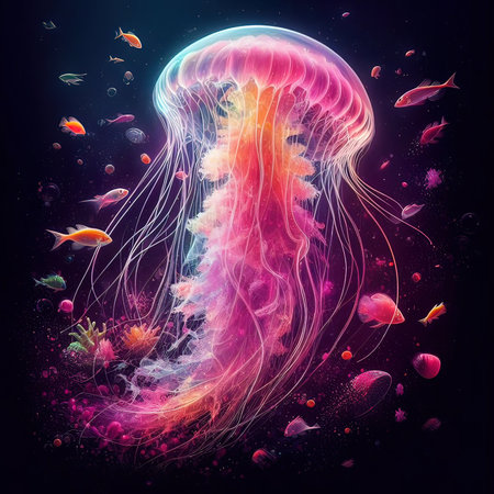 Colorful jellyfish floating on dark background, 3D illustration.の写真素材