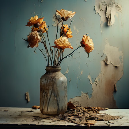 Still life with dry flowers in vase on the table. Toned.の素材