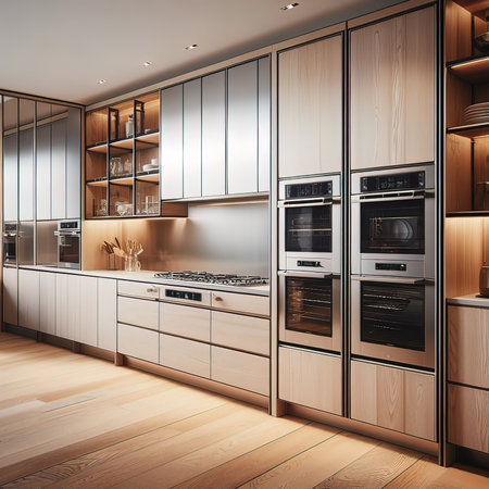 3d rendering of a modern kitchen in a loft style with built in appliancesの素材