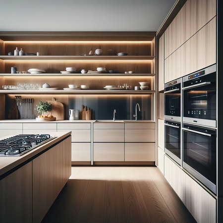 3d rendering of a modern kitchen in a loft with wooden wallsの素材