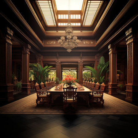 3D rendering of a conference room in a traditional Chinese style.の素材
