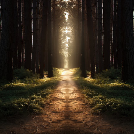 Mysterious path in the forest at sunset. 3D renderingの素材
