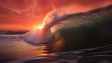 Surfer on the ocean wave at sunset. 3D Renderingの素材