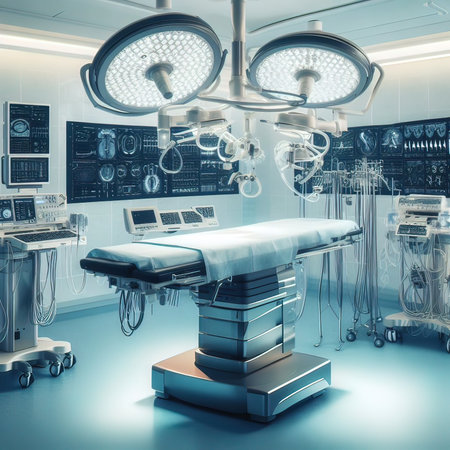 equipment and medical devices in modern operating room take with art lighting and blue filterの素材