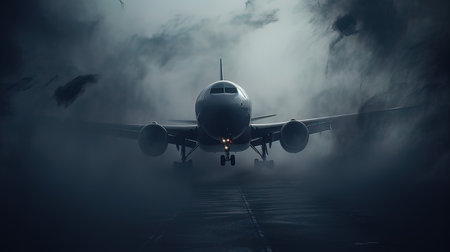Airplane in the fog at night. 3D Rendering.
