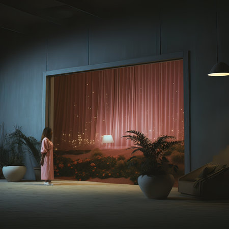 3d rendering of a girl in a pink nightgown standing in a dark roomの写真素材