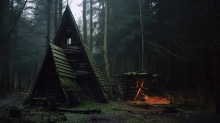 Abandoned wooden house in the forest with a bonfire.の写真素材