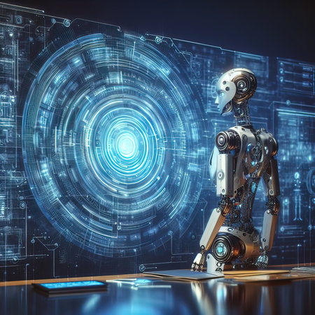 3d rendering humanoid robot working with tablet and laptop on dark backgroundの写真素材