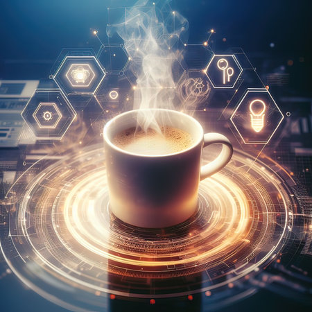 Cup of coffee with glowing business hologram. Technology concept. 3D Renderingの写真素材