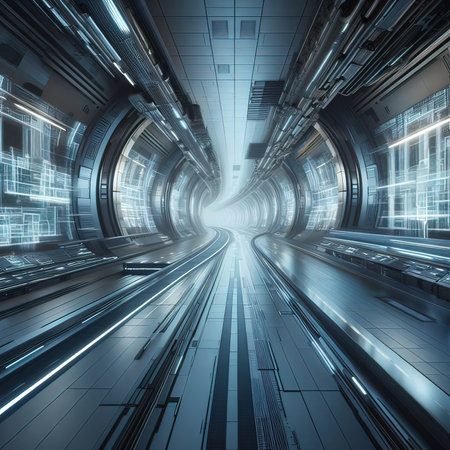 3D rendering of a futuristic corridor in a futuristic building with glowing lightsの写真素材