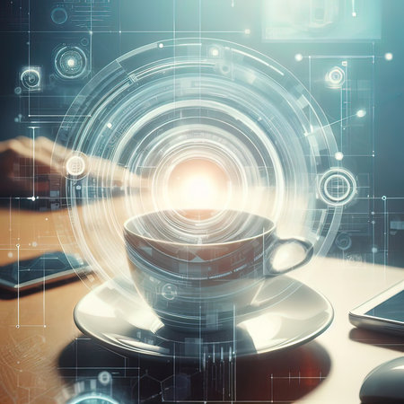 Coffee cup with digital business hologram over coffee shop backgroundの写真素材