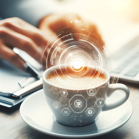 Close up of businesswoman hands using laptop and coffee cup with digital business interface. 3D renderingの写真素材