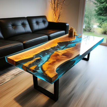 Modern living room interior with black leather sofa and wooden coffee table.の写真素材