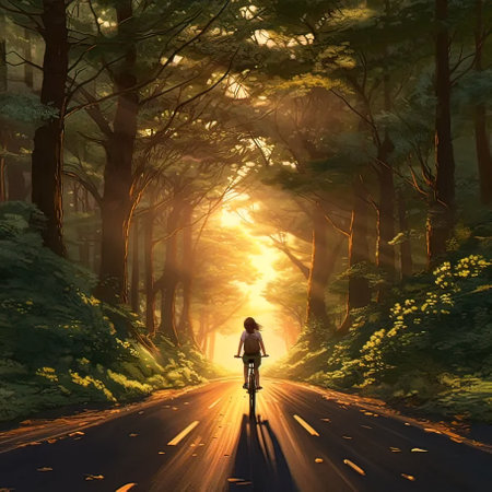 Woman riding a bicycle on the road in the forest at sunrise.の写真素材