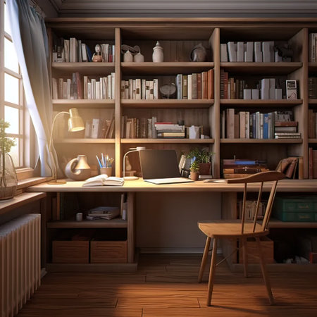 3d render of home office interior with computer and bookshelfの写真素材