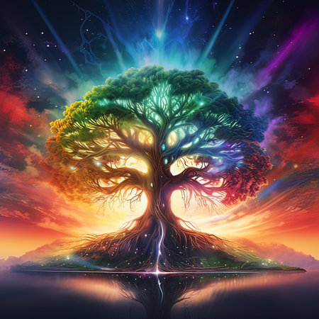 Fantasy tree on the background of the rays of the rising sun