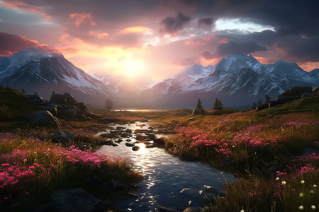 Mountain landscape with a river and pink flowers. Sunset in the mountainsの写真素材