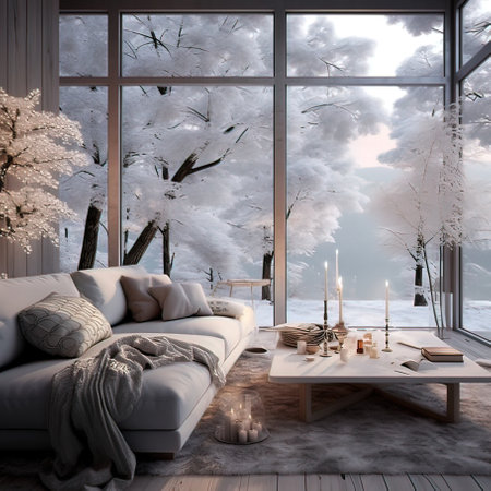 3d render of living room interior with winter landscape and snow covered treesの写真素材