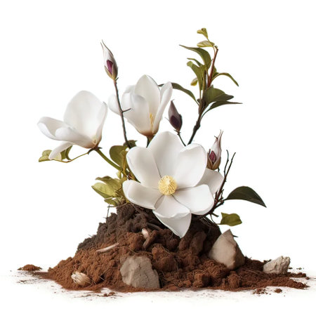 magnolia flowers with soil isolated on white background. studio shotの写真素材