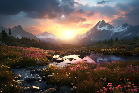 Mountain landscape with flowers and lake at sunset. 3d renderの写真素材