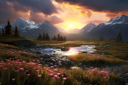 Sunset in the mountains with pink flowers and a stream of waterの写真素材