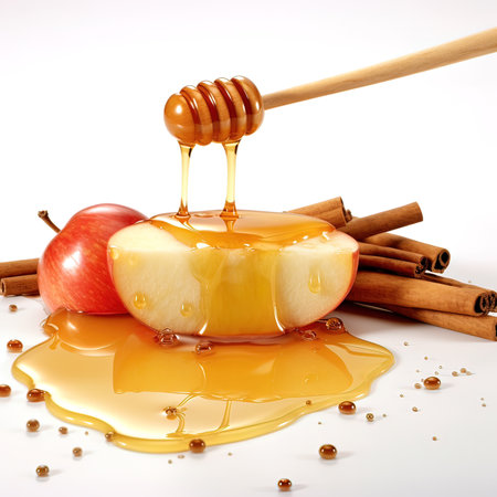 Honey dripping from a wooden honey dipper and fresh apples on white backgroundの写真素材