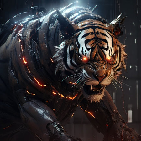 Close-up portrait of a tiger with glowing eyes. The tiger is a symbol of the year 2022.の写真素材
