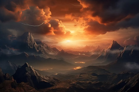 Fantasy alien planet. Mountain and clouds. 3D illustration.の写真素材