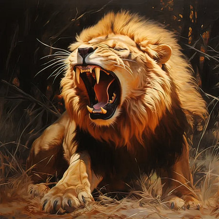 Digital painting of a lion yawning in the forest. Illustration of a wild animal.の写真素材