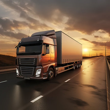 Truck on the road at sunset. 3D rendering. Copy space.の写真素材