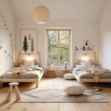3d render of bedroom interior with double bed. Scandinavian style.の写真素材