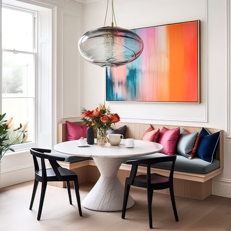 interior of modern dining room with wooden furniture and colorful poster on wallの写真素材