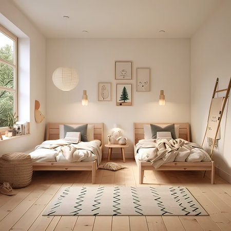 3d rendering of a bedroom interior with a wooden bed and a ladderの写真素材