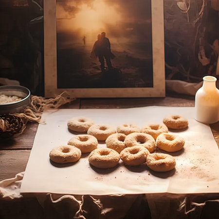 Homemade donuts with powdered sugar on a wooden table. Vintage style.の写真素材