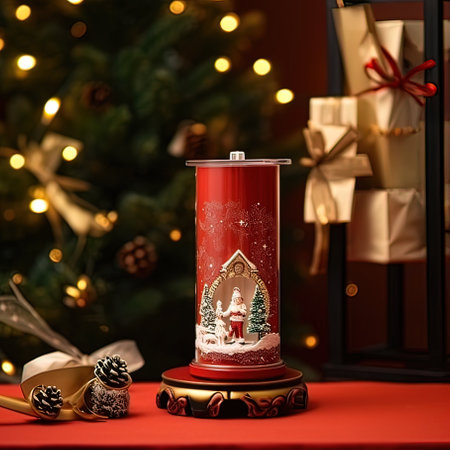 Christmas candle on the background of a Christmas tree and gifts on a red backgroundの写真素材