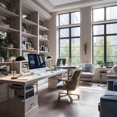Luxury office interior with furniture and computer. 3d renderの写真素材