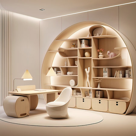 3d render of a living room with a bookcase and a chairの写真素材