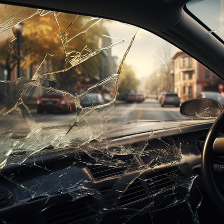 Car windshield with broken glass after a car accident on the road.の写真素材