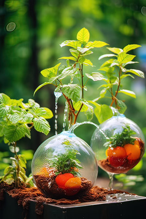 Cherry tomatoes in a glass vase on the table in the gardenの写真素材