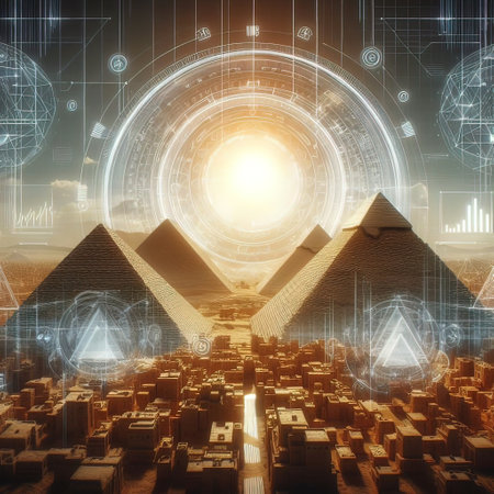 Futuristic cityscape with pyramids and glowing HUD interface. Technology concept. 3D Renderingの写真素材