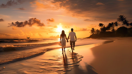 Couple in love walking on the beach at sunset. Honeymoon conceptの写真素材