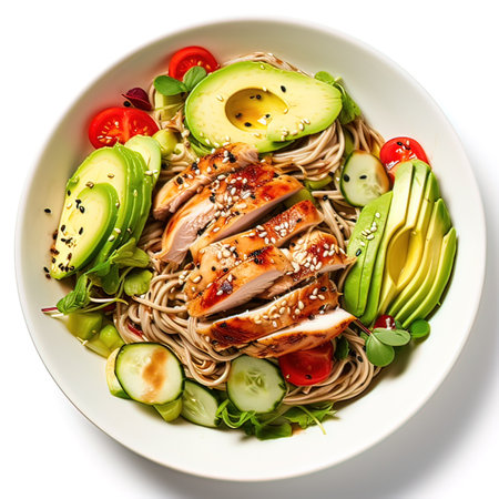 Bowl of asian noodle salad with chicken, avocado and cucumber isolated on white backgroundの写真素材