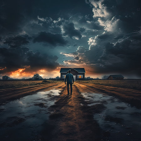 Man in front of a farm house at sunset,3d renderの写真素材