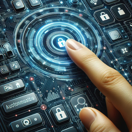 Cyber security and information protection business technology concept: close up of human hand pressing button on virtual screenの写真素材