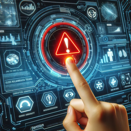 Finger pressing high tech glowing exclamation mark icon on virtual screenの写真素材