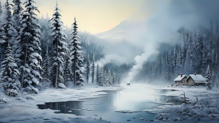 Winter landscape with snow covered fir trees, lake and mountain in backgroundの写真素材